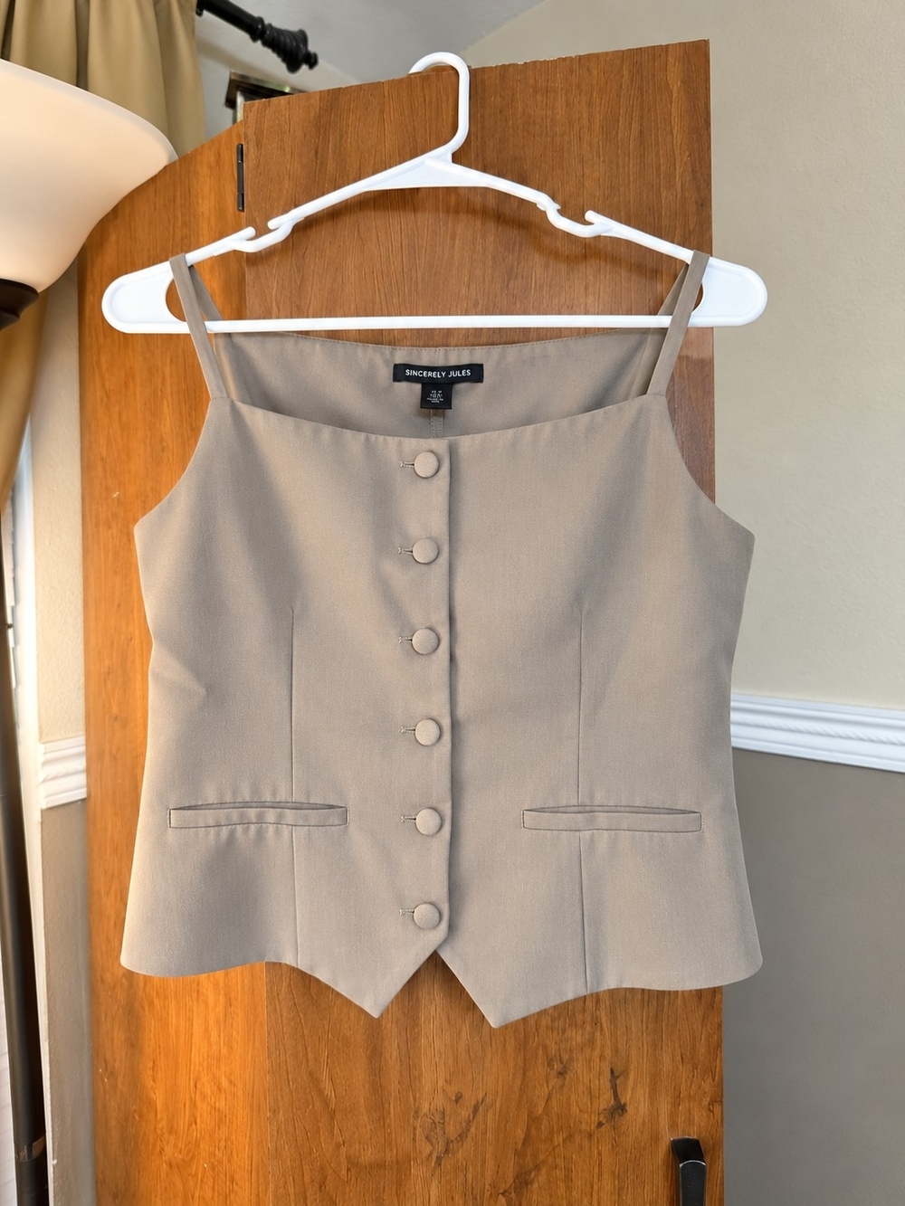 Sincerly Jules Tailored Taupe Button-Front Vest